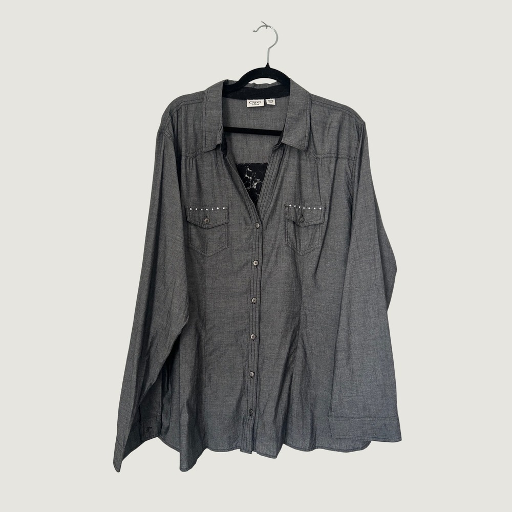 Cato Button Down Shirt Women 26/28W Grey Lace Back Inset Rhinestone Mixed Media